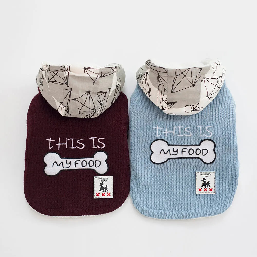 Thickened hooded padded pet coat in cotton, blue or wine red, sizes S to XXL, back length 20-40 cm.