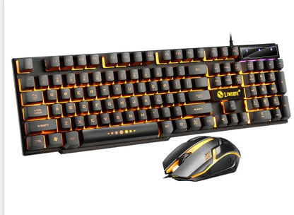 Limei Gtx300 keyboard and mouse set in black with orange glow backlight on desktop