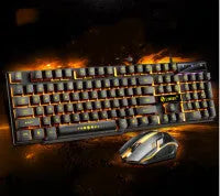 Limei Gtx300 keyboard and mouse set in black with orange glow backlight on desktop