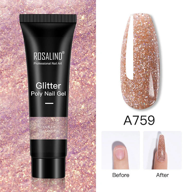 Glitter Poly Nail Gel Extension 15ml in 16 vibrant colors for durable, pearlescent manicures