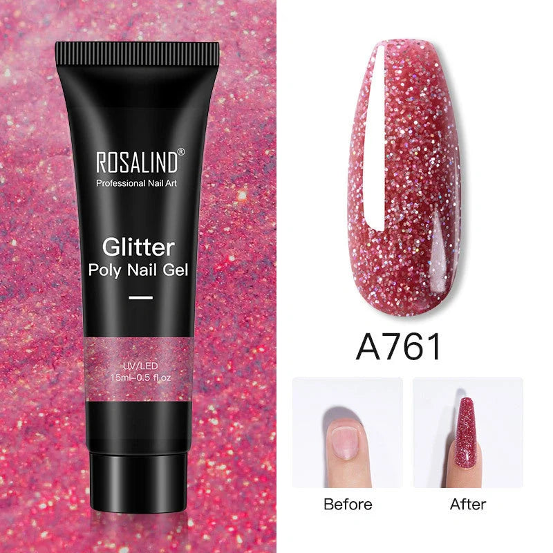Glitter Poly Nail Gel Extension 15ml in 16 vibrant colors for durable, pearlescent manicures