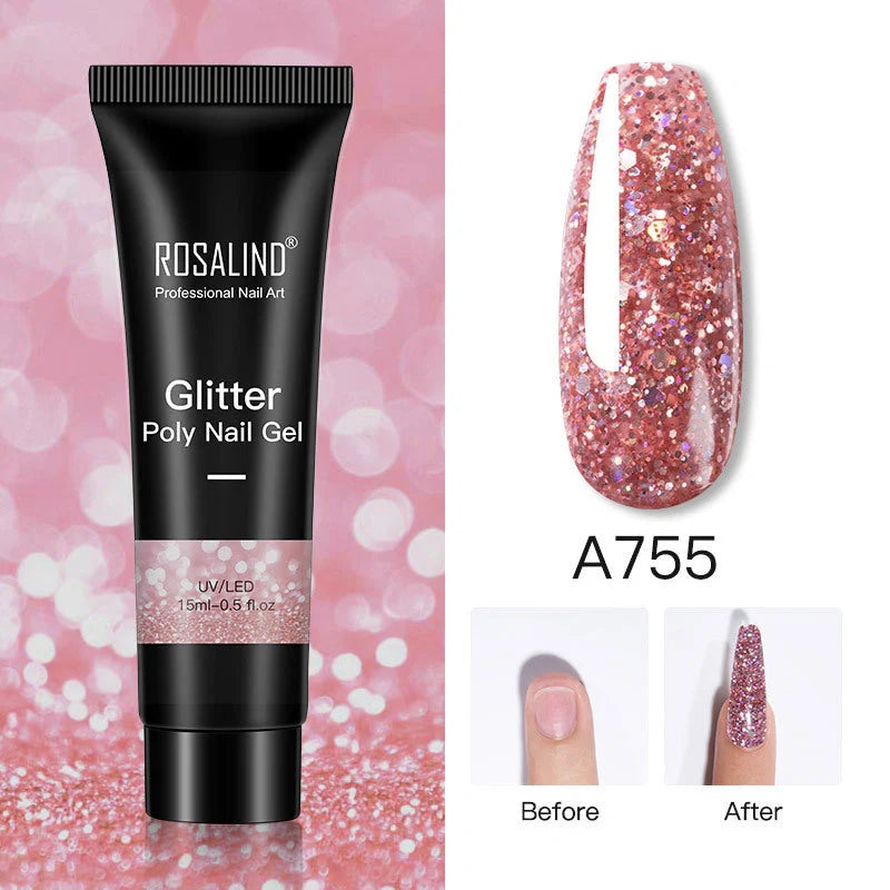 Glitter Poly Nail Gel Extension 15ml in 16 vibrant colors for durable, pearlescent manicures