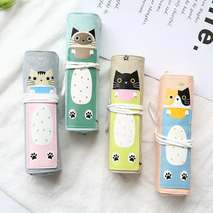 Korean-style rolling pencil case with cartoon cat print and zip, in blue, green, pink and yellow colours.