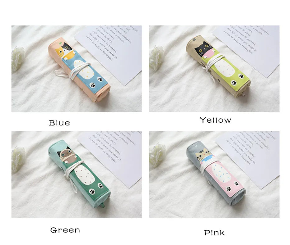 Korean-style rolling pencil case with cartoon cat print and zip, in blue, green, pink and yellow colours.