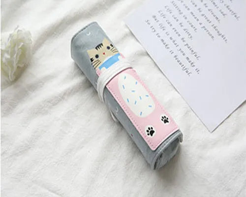 Korean-style rolling pencil case with cartoon cat print and zip, in blue, green, pink and yellow colours.