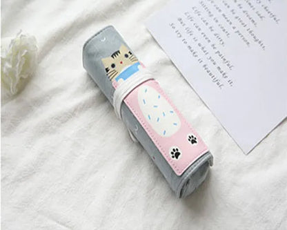 Korean-style rolling pencil case with cartoon cat print and zip, in blue, green, pink and yellow colours.