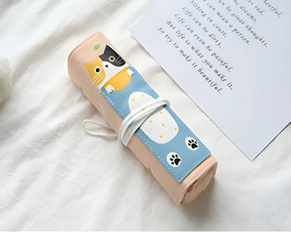 Korean-style rolling pencil case with cartoon cat print and zip, in blue, green, pink and yellow colours.
