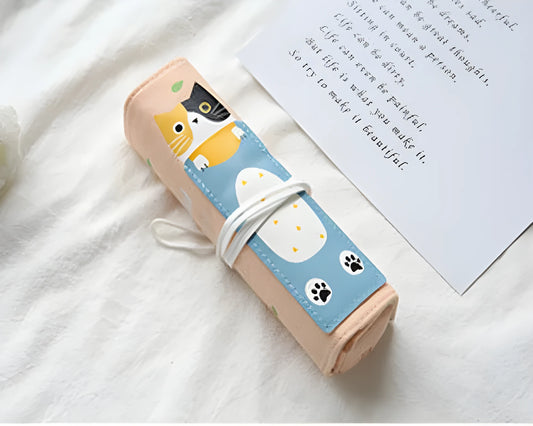 Korean-style rolling pencil case with cartoon cat print and zip, in blue, green, pink and yellow colours.