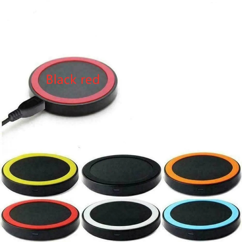 Square wireless charging base with Qi logo, measuring 69mm, available in six colours including black, blue, orange, red, white, and yellow