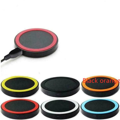 Square wireless charging base with Qi logo, measuring 69mm, available in six colours including black, blue, orange, red, white, and yellow