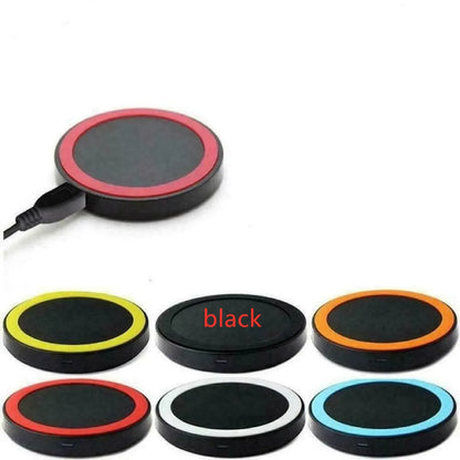 Square wireless charging base with Qi logo, measuring 69mm, available in six colours including black, blue, orange, red, white, and yellow