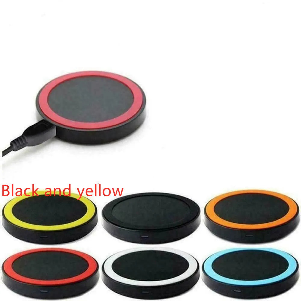 Square wireless charging base with Qi logo, measuring 69mm, available in six colours including black, blue, orange, red, white, and yellow