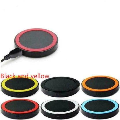 Square wireless charging base with Qi logo, measuring 69mm, available in six colours including black, blue, orange, red, white, and yellow