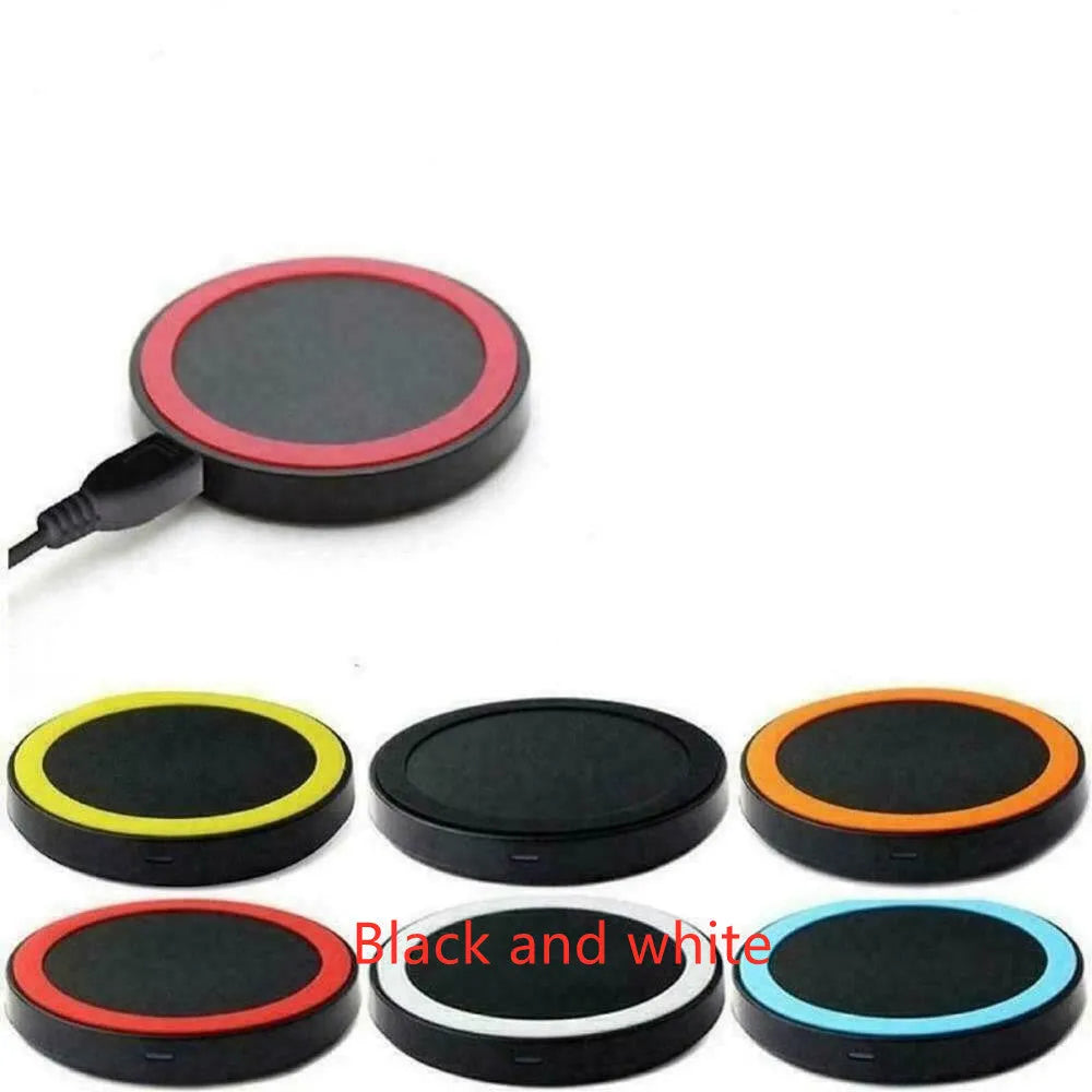 Square wireless charging base with Qi logo, measuring 69mm, available in six colours including black, blue, orange, red, white, and yellow