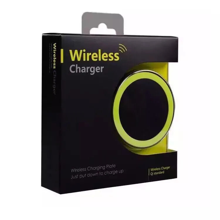 Square wireless charging base with Qi logo, measuring 69mm, available in six colours including black, blue, orange, red, white, and yellow