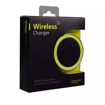 Square wireless charging base with Qi logo, measuring 69mm, available in six colours including black, blue, orange, red, white, and yellow