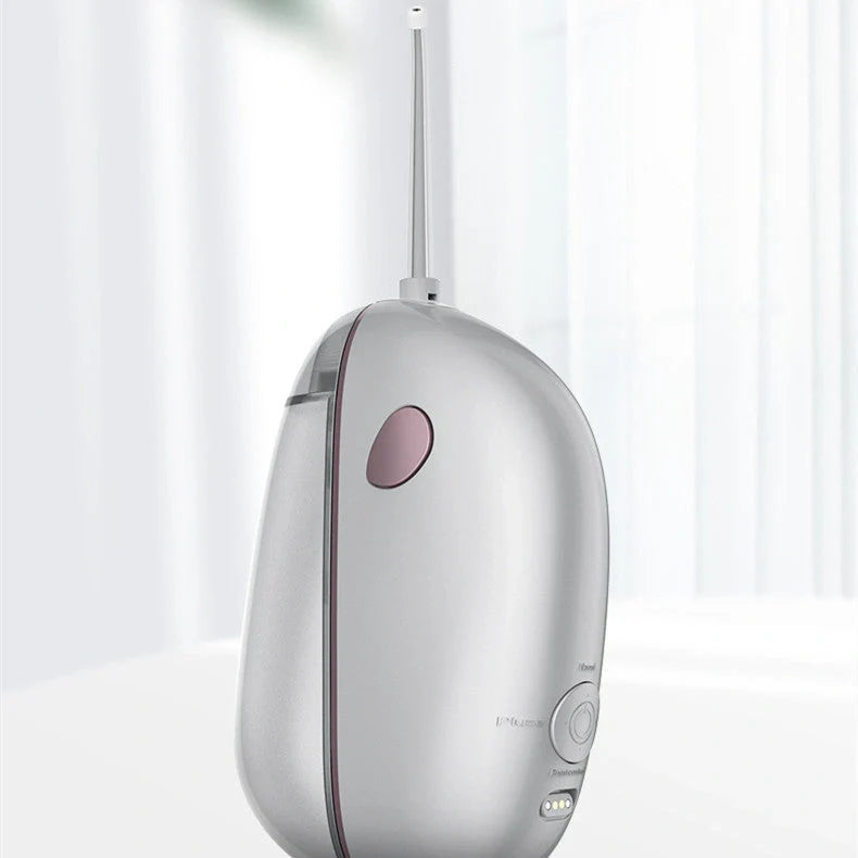 Foldable Portable Electric Tooth Flush in black and silver grey, compact design for travel