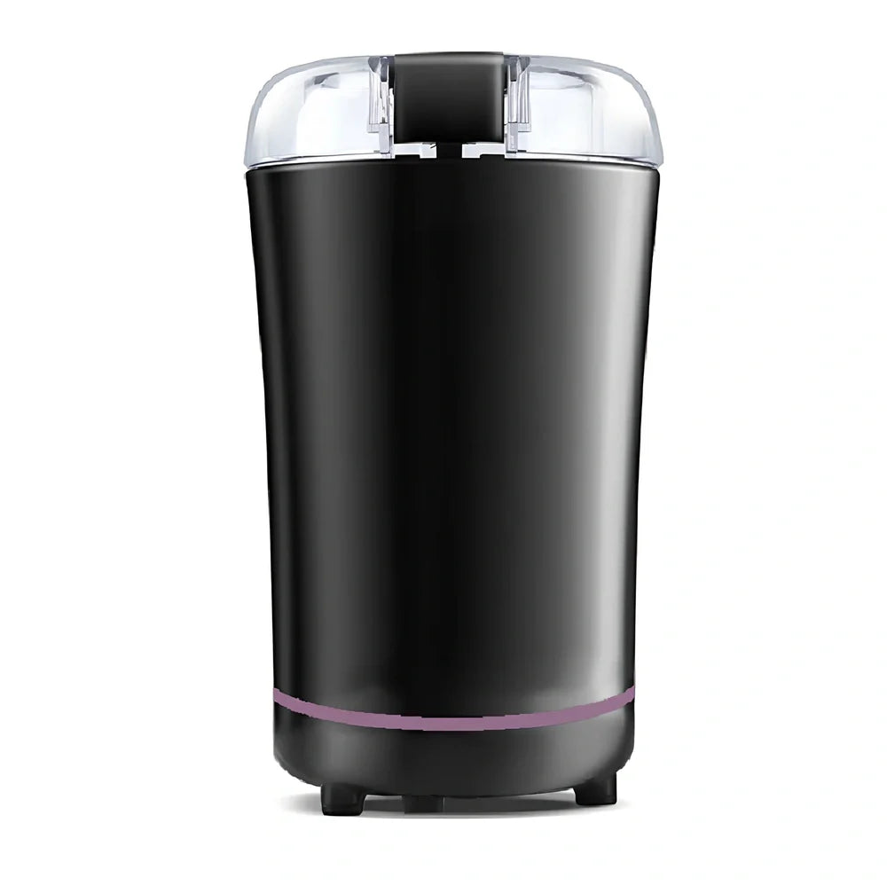 Black mini grinder with stainless steel liner measuring 94mm×68mm×198mm for grinding coffee and spices