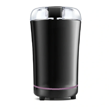Black mini grinder with stainless steel liner measuring 94mm×68mm×198mm for grinding coffee and spices