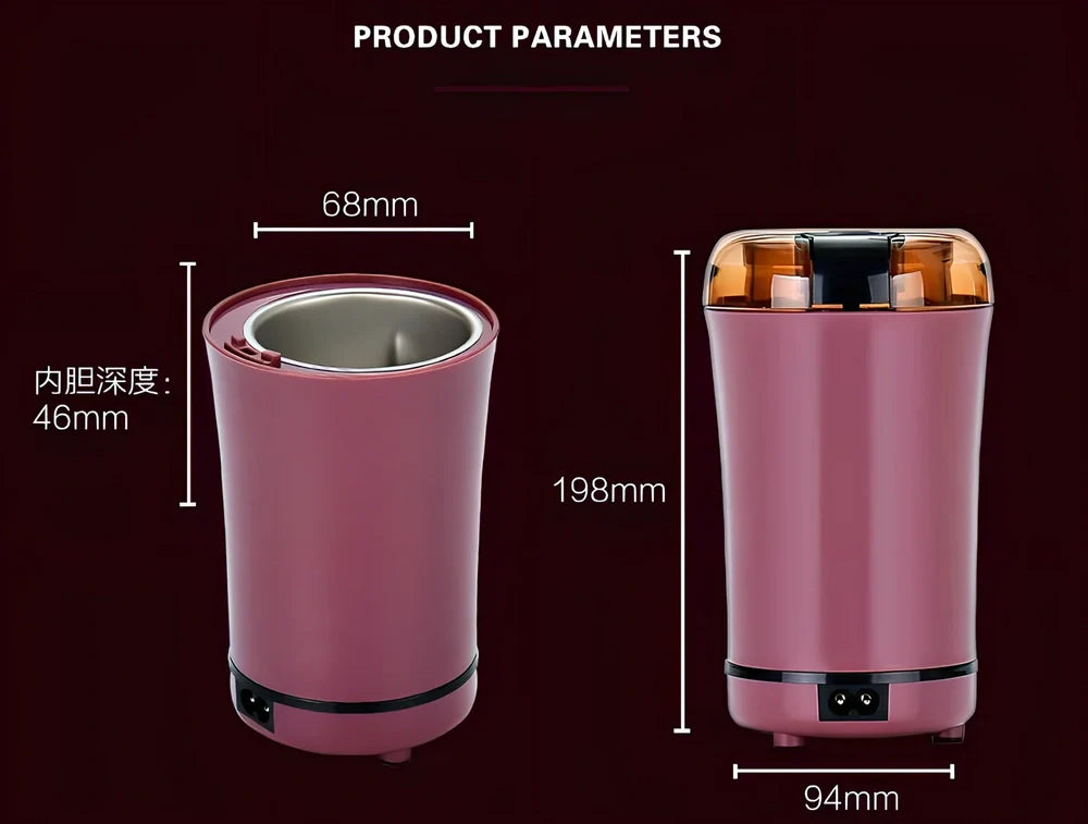 Black mini grinder with stainless steel liner measuring 94mm×68mm×198mm for grinding coffee and spices