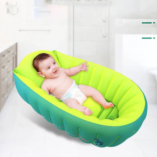Inflatable baby bath tub with flower-shaped design, available in blue and orange colors