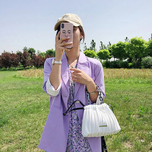 Korean-style women's PU bucket bag with acrylic chain in various colors