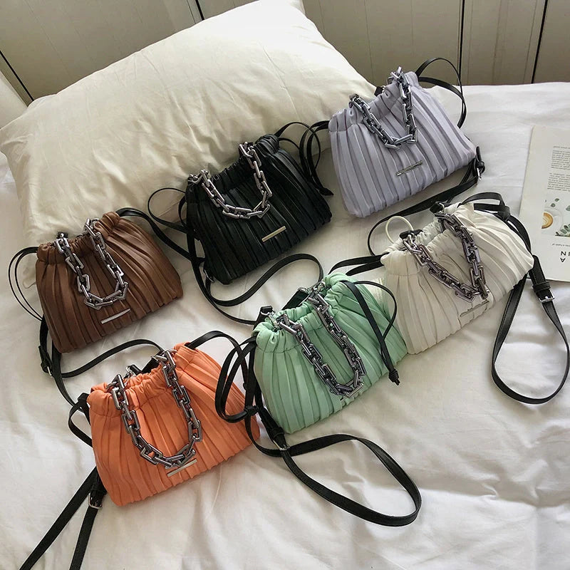Korean-style women's PU bucket bag with acrylic chain in various colors