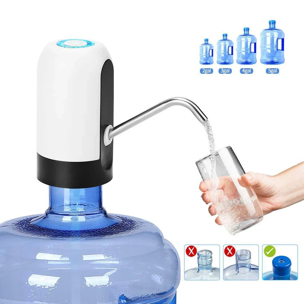 Black electric water pump with USB port on 5-gallon water bottle showing 13cm length