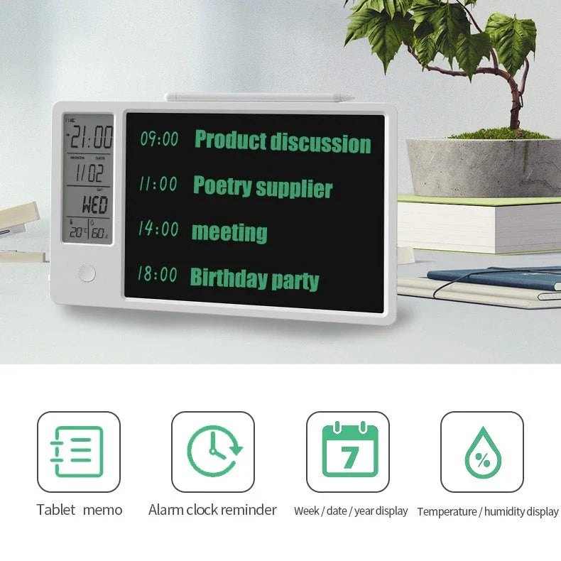 Sleek digital calendar with LCD display showing date, time, temperature, and humidity