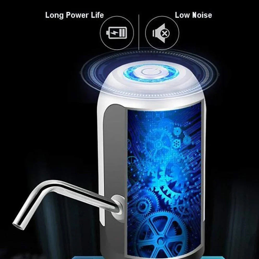 Black electric water pump with USB port on 5-gallon water bottle showing 13cm length