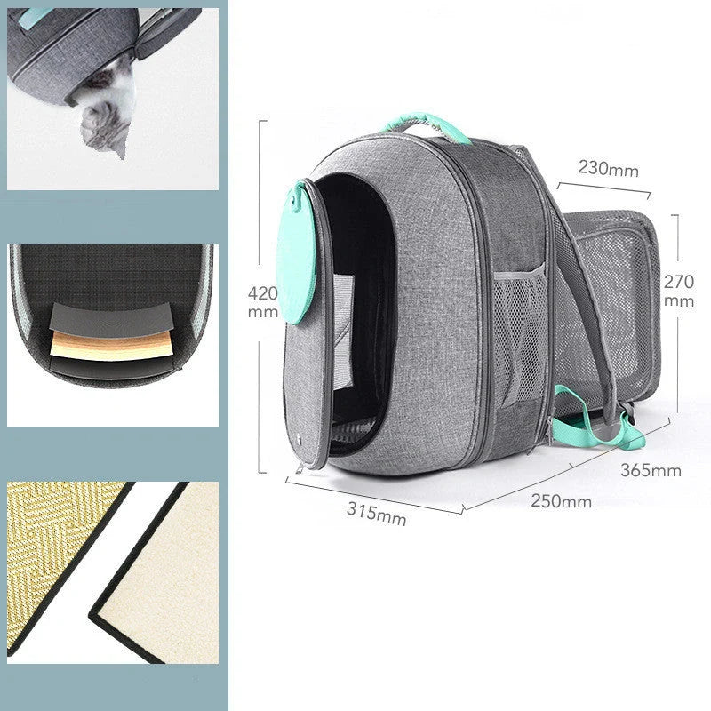Foldable transparent mesh window pet backpack with inner safety leash in grey