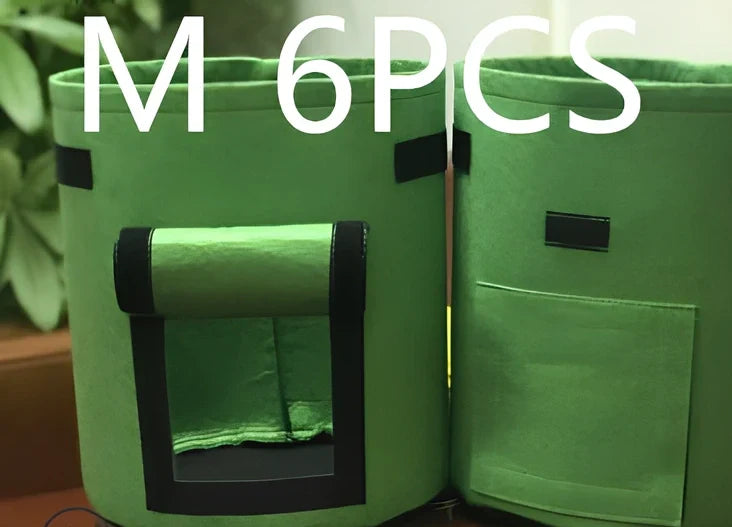 Black plant growth bag with side harvesting window and double handles for potato gardening