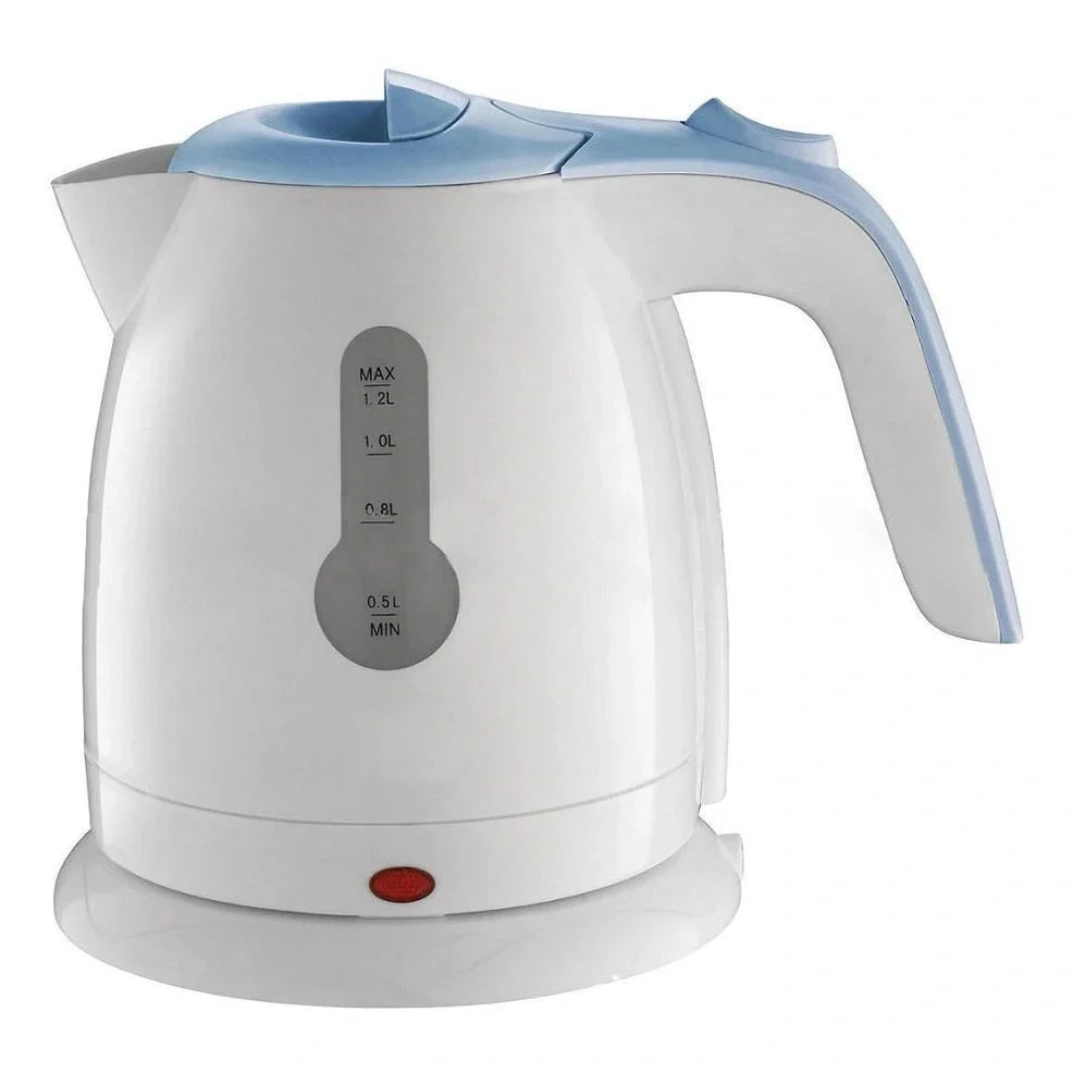 White electric travel kettle with scale window and 0.7m cord on 360-degree rotating base