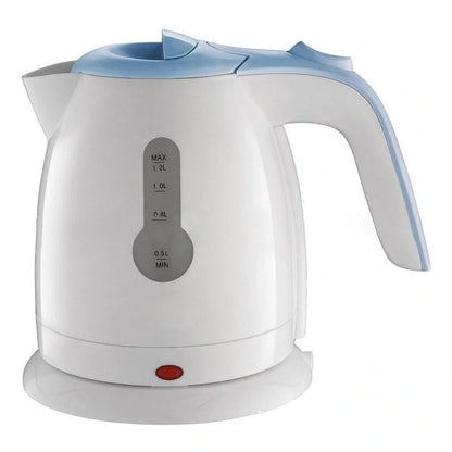 White electric travel kettle with scale window and 0.7m cord on 360-degree rotating base