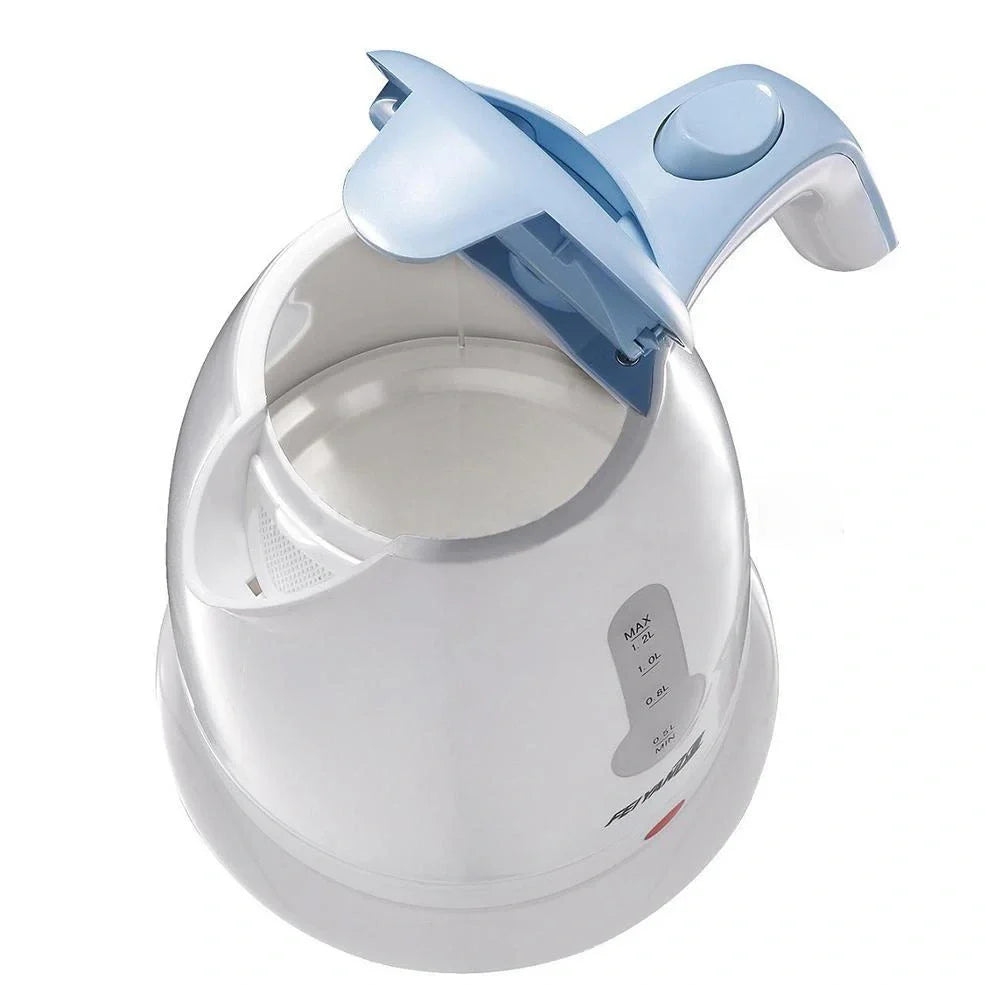White electric travel kettle with scale window and 0.7m cord on 360-degree rotating base