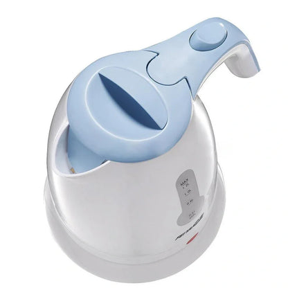 White electric travel kettle with scale window and 0.7m cord on 360-degree rotating base