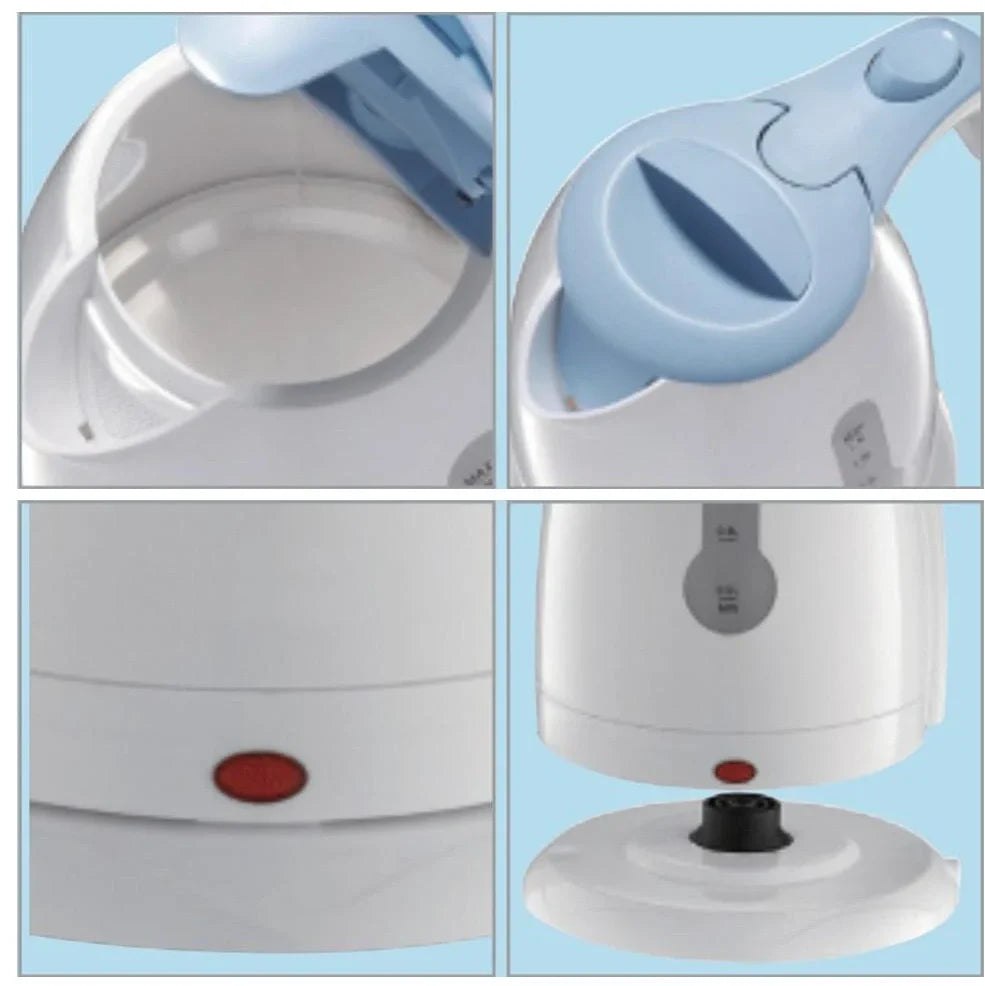 White electric travel kettle with scale window and 0.7m cord on 360-degree rotating base
