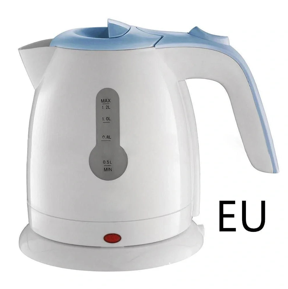 White electric travel kettle with scale window and 0.7m cord on 360-degree rotating base