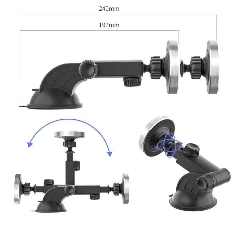 Silver magnetic wireless car charger for iPhone 12 with N52 magnet, 15W fast charging, and 360° rotating bracket.