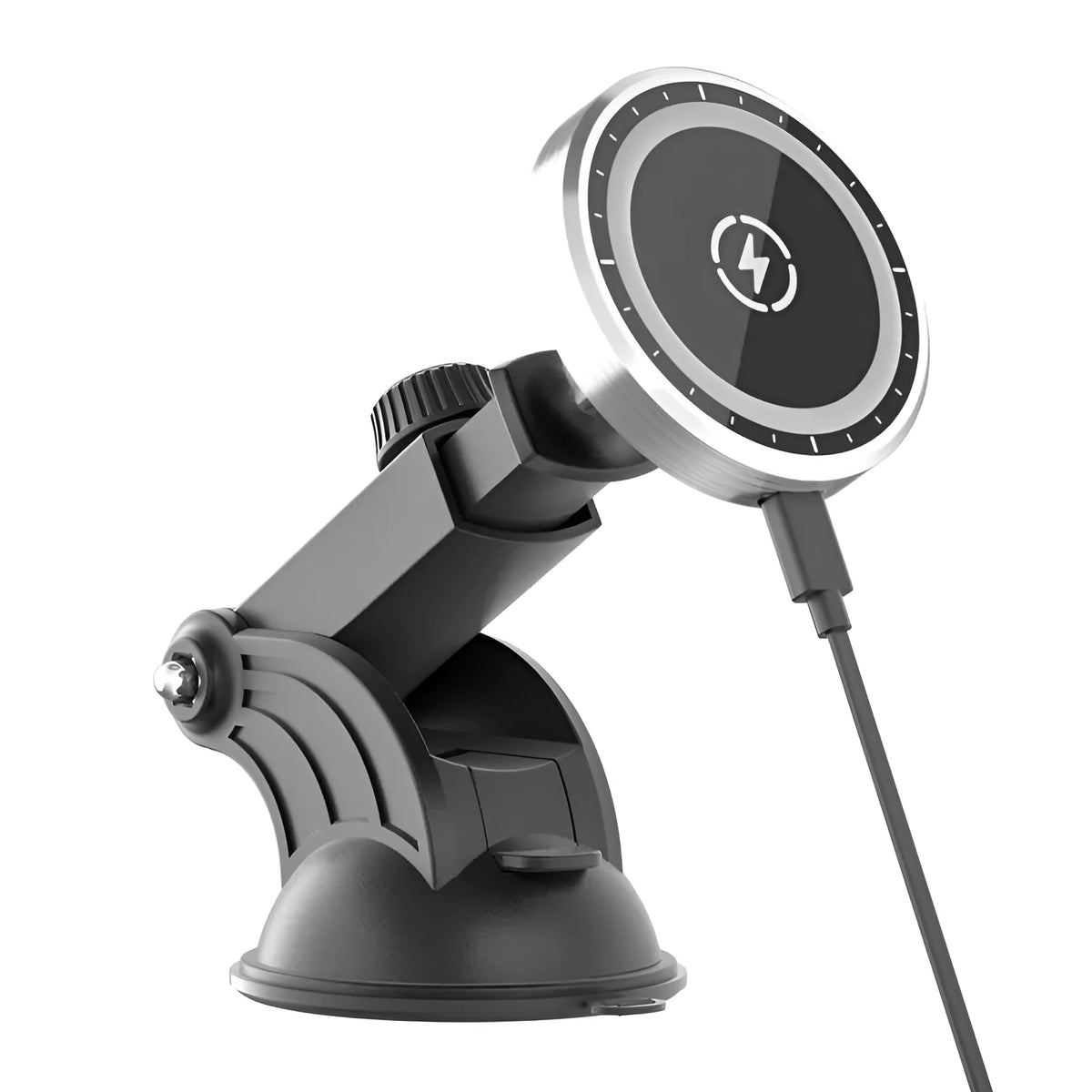 Silver magnetic wireless car charger for iPhone 12 with N52 magnet, 15W fast charging, and 360° rotating bracket.