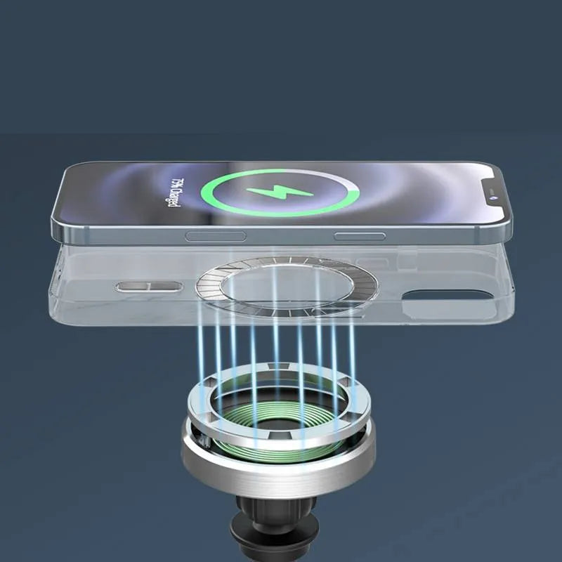 Silver magnetic wireless car charger for iPhone 12 with N52 magnet, 15W fast charging, and 360° rotating bracket.