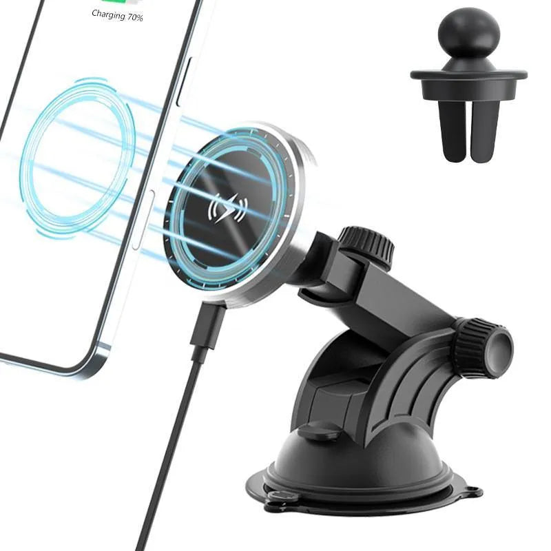 Silver magnetic wireless car charger for iPhone 12 with N52 magnet, 15W fast charging, and 360° rotating bracket.