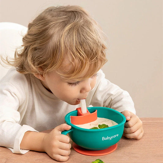 Babycare 3-in-1 Feeding Bowl with straw and suction base in rose red, green, grey, and yellow