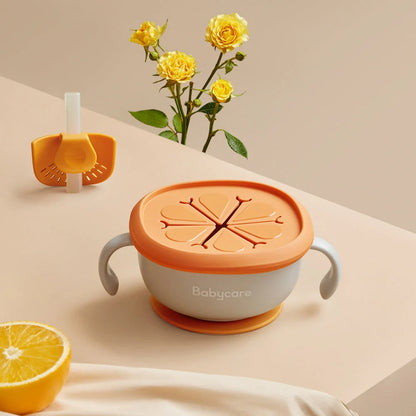 Babycare 3-in-1 Feeding Bowl with straw and suction base in rose red, green, grey, and yellow