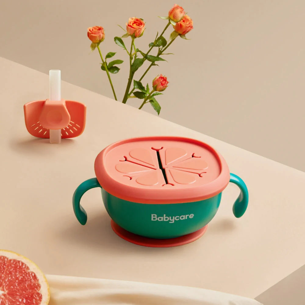 Babycare 3-in-1 Feeding Bowl with straw and suction base in rose red, green, grey, and yellow
