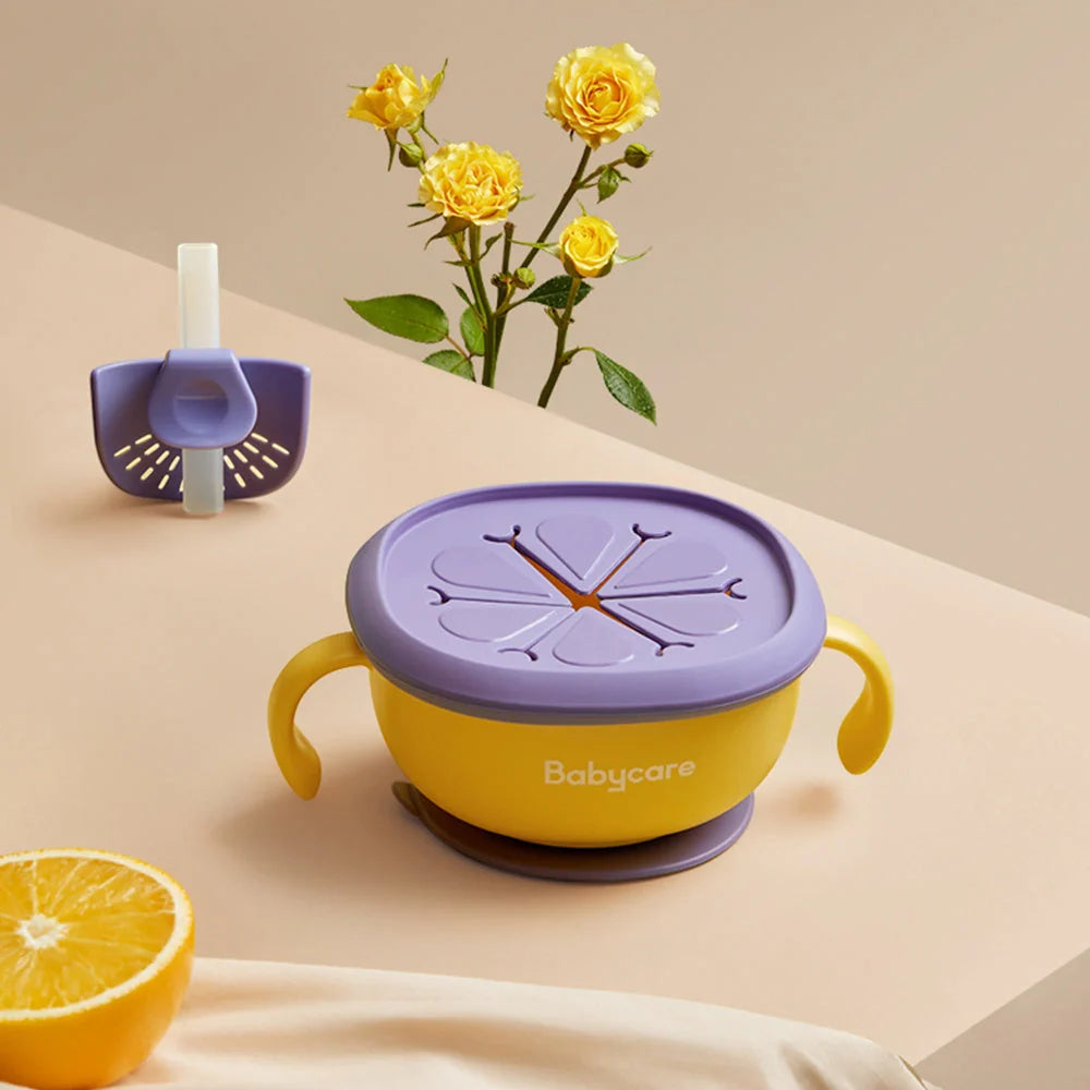 Babycare 3-in-1 Feeding Bowl with straw and suction base in rose red, green, grey, and yellow