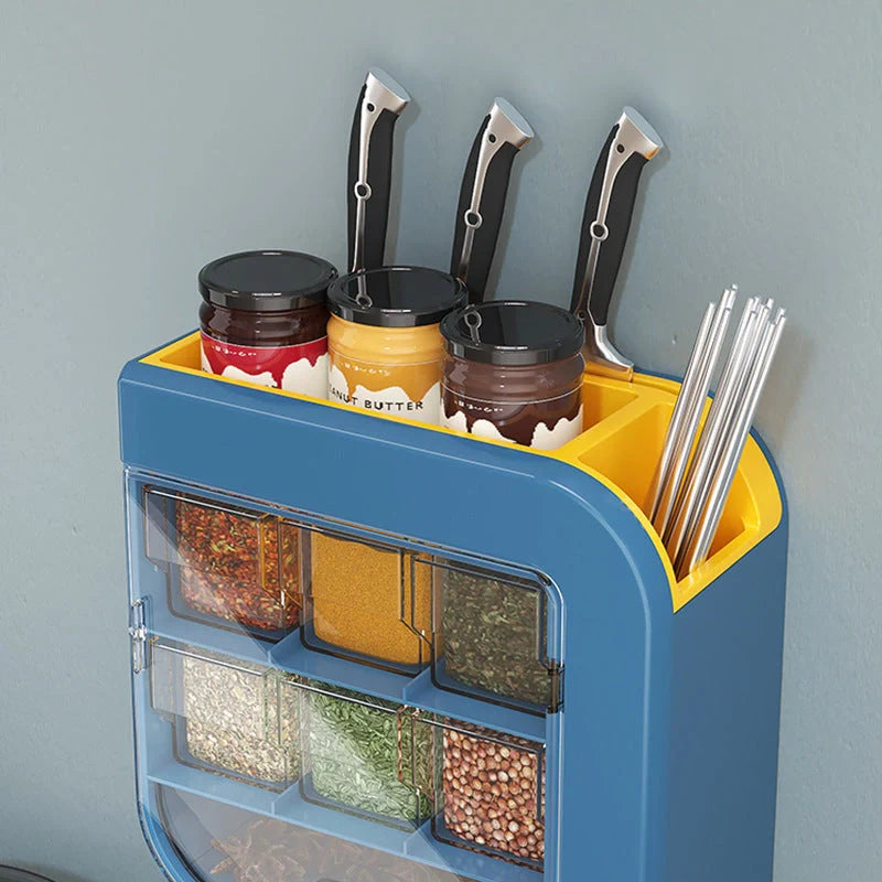 Wall-mounted kitchen organizer in blue and white for knives and condiments