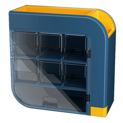 Wall-mounted kitchen organizer in blue and white for knives and condiments