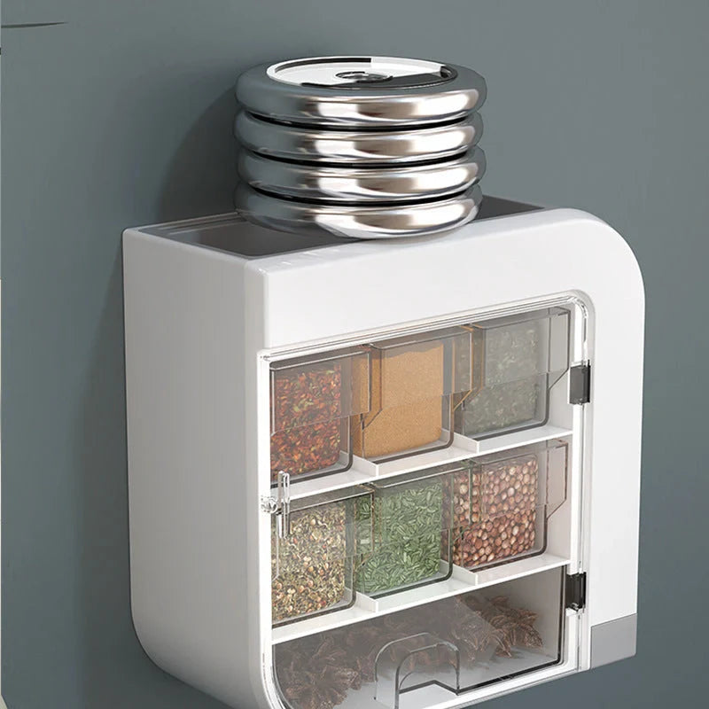 Wall-mounted kitchen organizer in blue and white for knives and condiments