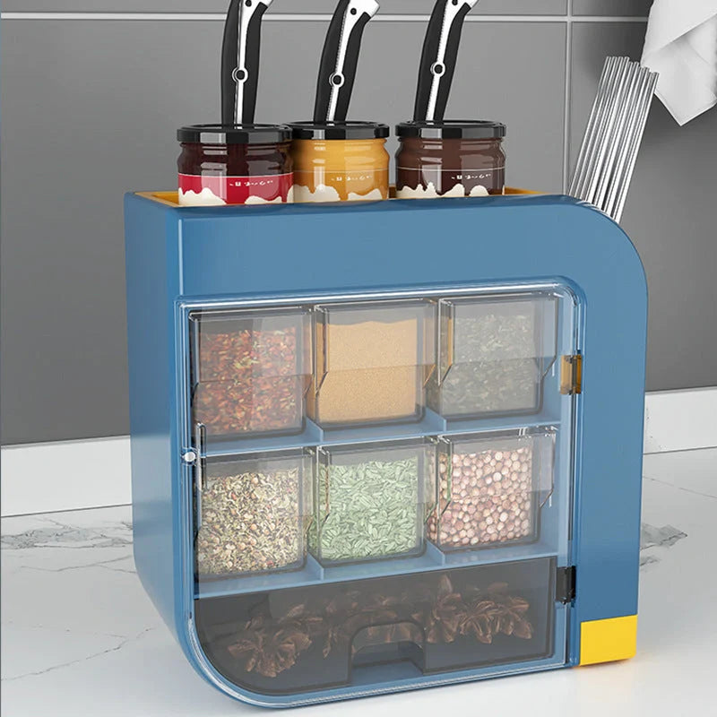 Wall-mounted kitchen organizer in blue and white for knives and condiments
